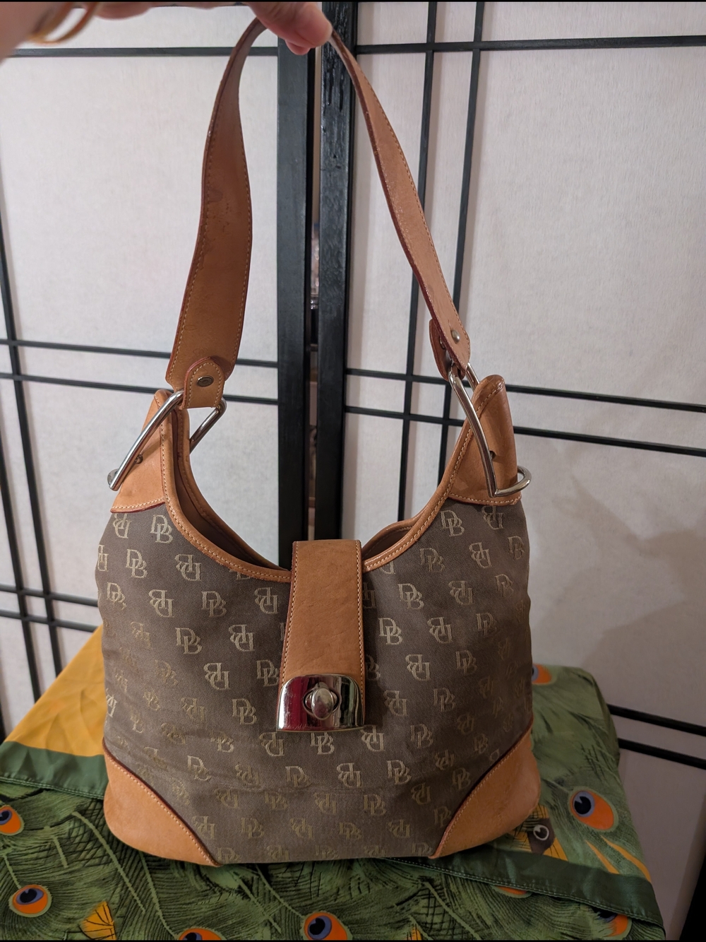 Vintage Dooney & Bourke DB Monogram Canvas Leather Hobo Shoulder Bag Made in USA